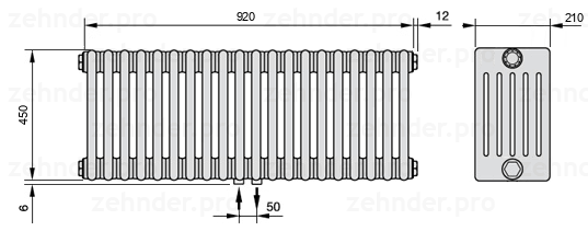 Схема (чертеж) Радиатор Zehnder Charleston 6045/20 №3470 Белый глянцевый RAL 9016